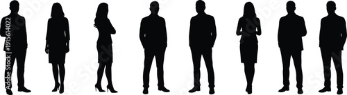 Group of business professionals silhouette, corporate team illustration, standing office people, teamwork concept, male and female figures, black white vector, career success image