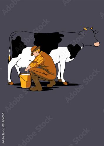 Farmer Milking a Cow Manually in Traditional Style Illustration