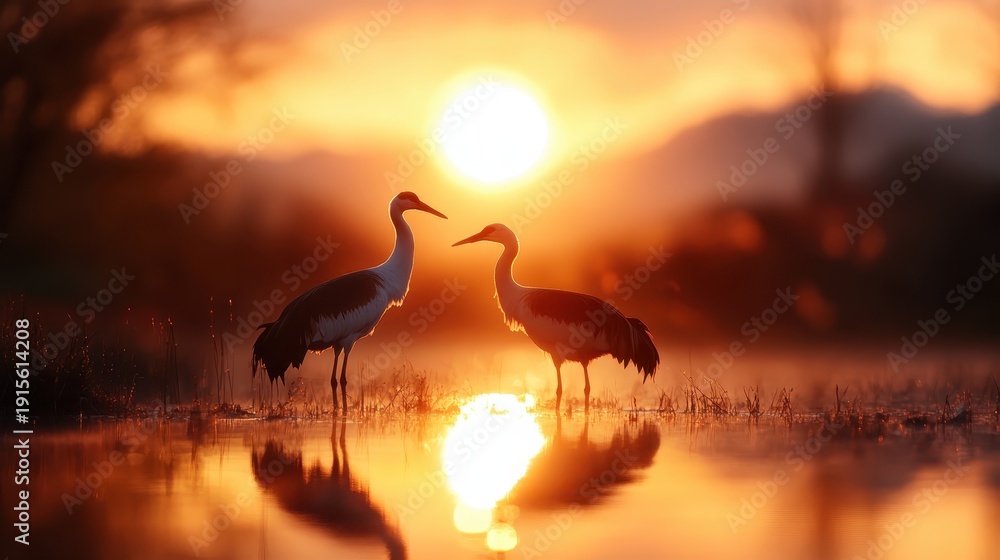 Fototapeta premium Two cranes gracefully stand in reflective waters during sunset, painting a serene scene. The image captures the tranquility of nature and the beauty of wildlife in harmony.