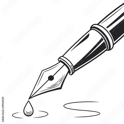 Classic Fountain Pen Nib with Ink Drop and Artistic Swirls, Illustrating Writing or Signature Action in Detailed Black and White Line Art.
