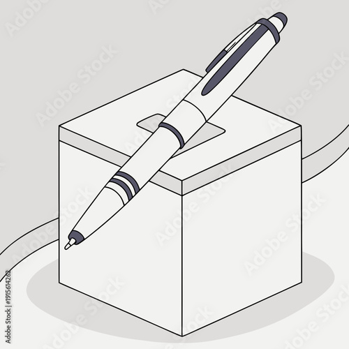 Isometric Pen Inserted into a Box Slot, Representing Voting, Surveys, Donations, or Feedback Collection in a Monochromatic Line Art Style.