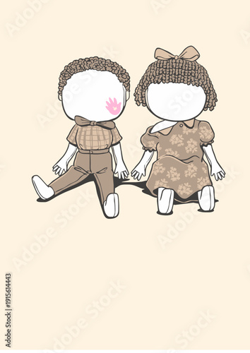 Vintage faceless doll characters in classic patterned outfits. A nostalgic vector illustration of two faceless doll-like characters, a boy and a girl, wearing vintage patterned clothing.