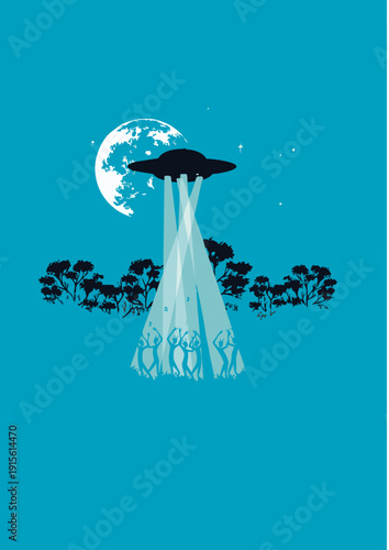 Surreal Illustration of UFO Abducting People with Tractor Beam Under Full Moon