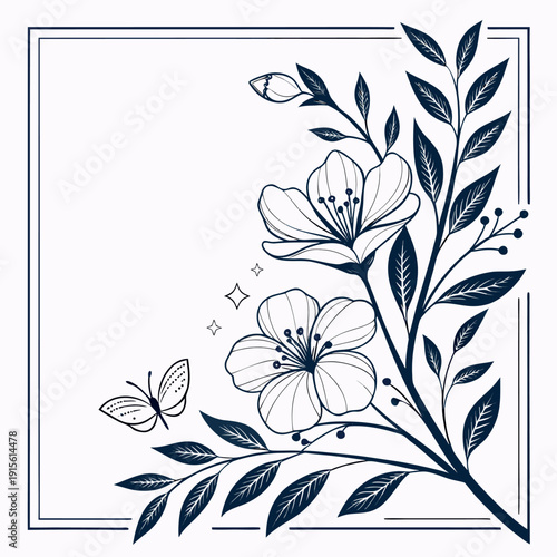 A minimalistic composition featuring a dark blue geometric shape resembling an incomplete square on a stark white background