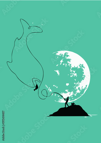 Surreal illustration of a fisherman catching a giant whale silhouette