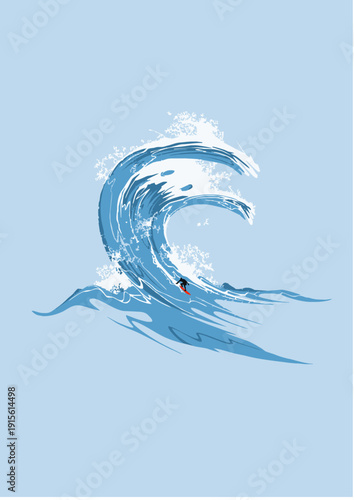 Surfer Riding a Massive Blue Ocean Wave with Sea Foam Illustration