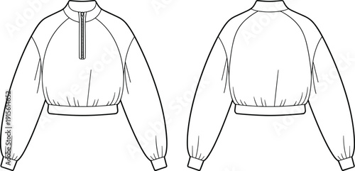 Technical Fashion Sketch of Women Cropped Raglan Sweatshirt Featuring Quarter Zip Mock Neck Front and Back Views Sporty Pullover Design Template for Apparel Manufacturing.
