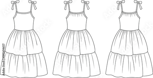 Technical Fashion Sketch of a Women Tiered Summer Sundress Featuring Bow Shoulder Straps Front Side and Back Views Flowy Dress Design Template for Apparel Manufacturing.