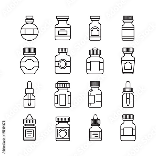Various Medicine Bottles and Vials Icons Collection Vector Graphic