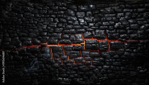 Charred Wood Texture with Glowing Red Hot Coals and Embers, Burnt Timber Background, Top Down View of Carbonized Wood Surface with Intense Orange Fire Cracks
