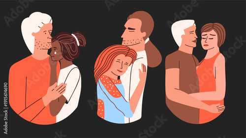 Romantic Embrace Stylized Couples in Affectionate Poses, A Whimsical Illustration of Love and Emotional Connection