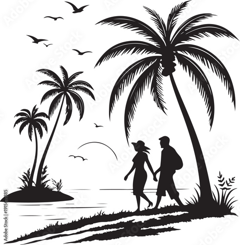 Tropical Sunset Beach Couple Silhouette Romantic Travel Vacation Vector Minimal Black Isolated Illustration for Wedding Branding Summer Paradise Design