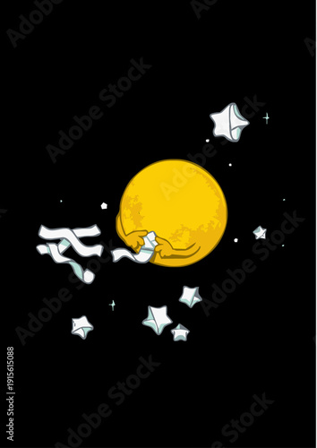 Surreal Illustration of a Personified Moon Cleaning and Polishing Stars in Space