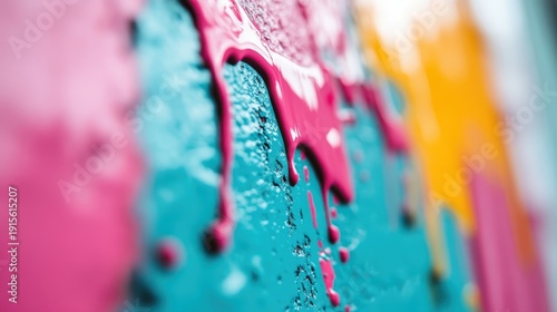 An artistic close-up of vibrant paint dripping down a textured surface, illustrating the beauty of creativity and the dynamic expressions of color in modern art.