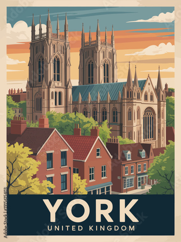 York United Kingdom Travel Poster, stylized historic cityscape, vintage travel illustration, classic tourism design