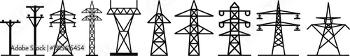 Different types of electric transmission towers, high voltage power line poles, utility structure icons, electricity pylon set, energy infrastructure illustration.