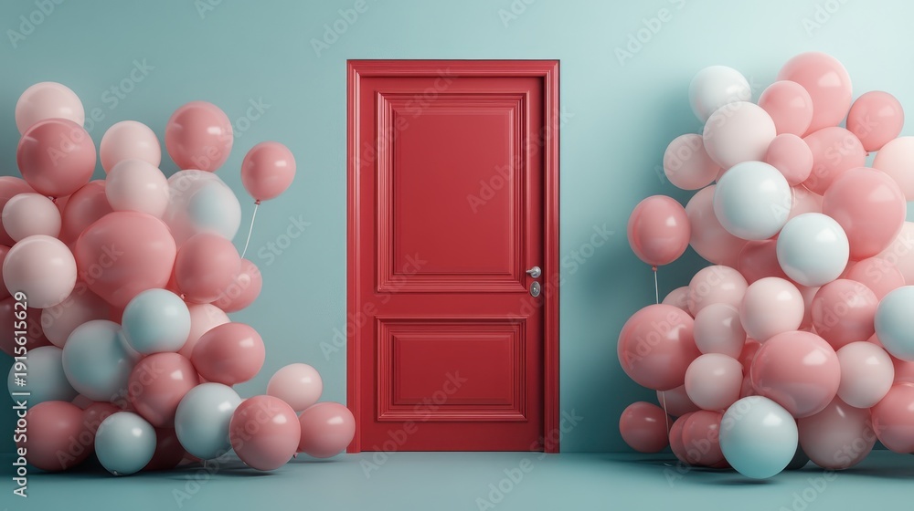 Fototapeta premium A vibrant red door is flanked by pastel-colored balloons, creating a festive and playful atmosphere ideal for celebrations, surprises, or joyful gatherings.