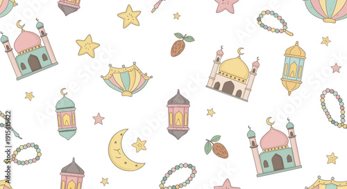 Ramadan Kareem Pattern: Mosques, Lanterns, Moon, Stars, Beads - Pastel Colors
