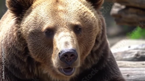 Detailed portrait of a majestic brown bear with thick fur, intense gaze, in sunlit forest