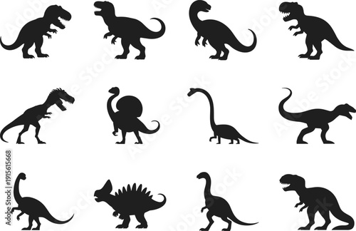 Dinosaur silhouettes collection with T-Rex, Brachiosaurus, Stegosaurus, prehistoric reptiles, Jurassic creatures, dinosaur icons, extinct species