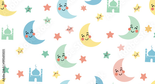 Cute Cartoon Crescent Moons and Stars with Mosques - Ramadan Pattern