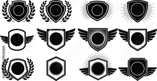 Black Shield Badge Vector Collection with Wings and Laurel Wreaths, Elegant Heraldic Emblem Templates for Professional Branding and Security Logos.