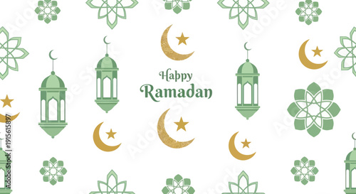 Happy Ramadan Islamic Pattern with Crescent Moons, Stars, Lanterns, and Geometric Ornaments