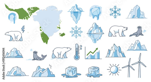 Arctic Climate Change Icons: Greenland, Polar Bears, Icebergs, Thermometer, Wind Turbines