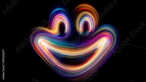 Colorful Light Trails Sketching A Smiling Face on Black Background. Joy Expression, Positive Mood, Playful Glow.