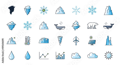 Arctic Icons: Polar Bear, Iceberg, Snowflake, Greenland, Wind Turbine, Solar Panel, Whale