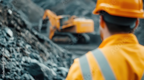 A focused construction worker surveys a machinery site, dressed in safety gear to emphasize the importance of safety and caution in the industrial work environment and productive labor.