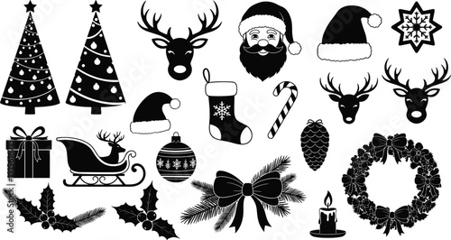 Christmas holiday vector icon set including Santa Claus reindeer Christmas trees ornaments wreath and snowflakes for festive winter seasonal celebration design