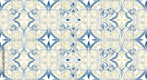 Seamless Baroque Tile Pattern: Blue, Gold, White Ornate Floral Damask Motif