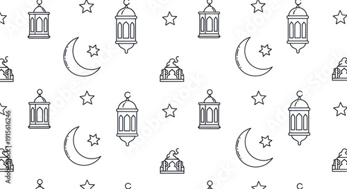 Ramadan Kareem seamless pattern with Islamic lanterns, crescent moon, stars, and mosque domes