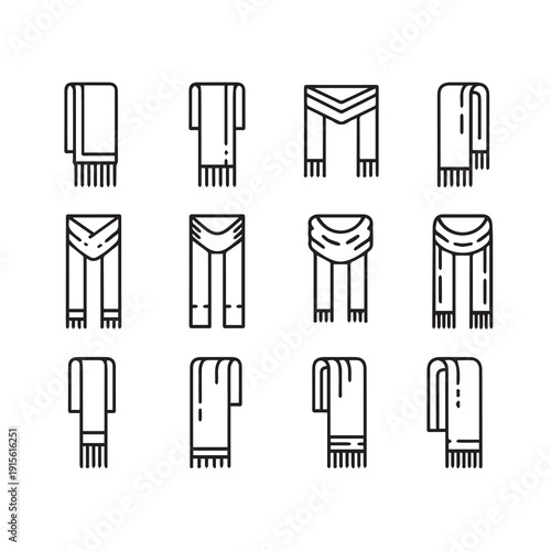 Scarf Icons Collection: Various Folds and Styles, Line Art, Isolated