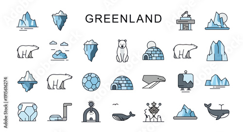 Greenland Arctic Icons: Icebergs, Polar Bears, Igloos, Whales, and Landscape Elements