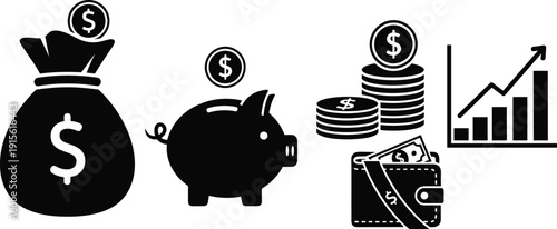 Finance and money icon set vector including piggy bank wallet dollar coins and growth chart for business investment savings concept