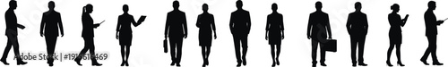  Diverse group of professional business people silhouettes, walking, standing, and interacting, representing corporate teamwork, communication, and modern workplace dynamics, isolated on white