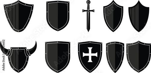 Medieval shield vector set including knight sword heraldic crests and warrior protection armor isolated on white background for security design
