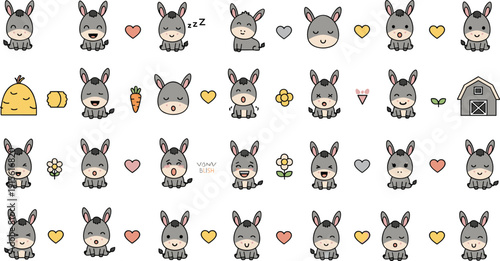 Cute donkey emoji sticker set with hearts, carrot, hay, flowers, farm elements