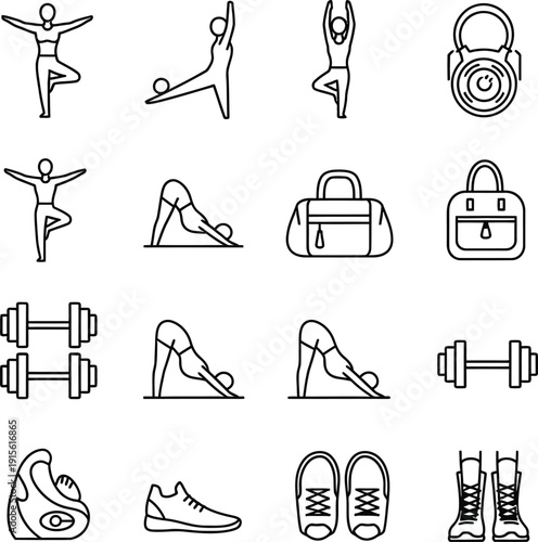 Fitness Gym Workout and Weightlifting Strength Training Icons