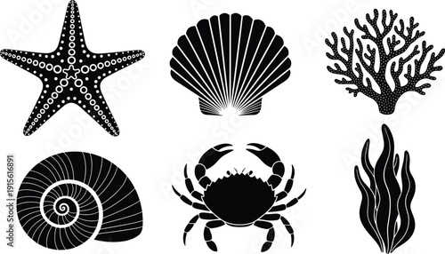 Sea life vector icon set including starfish seashell coral crab and seaweed silhouettes isolated on white background for marine nature design