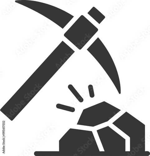 Black pickaxe striking a rock isolated on transparent background