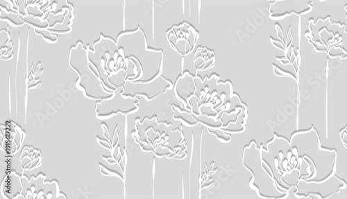 peony grey floral line art vector seamless pattern Art Nouveau 