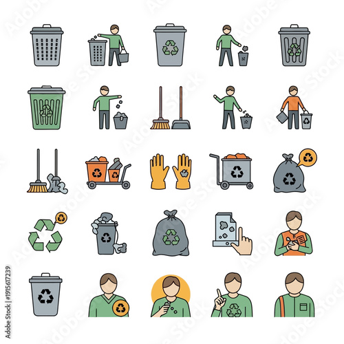Waste Management Icon Set – Recycling Cleanup Flat Color Illustrations