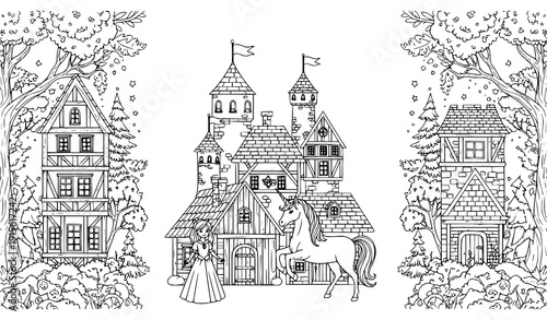 Fantasy Medieval Kingdom with Princess and Unicorn Vertical Coloring Book Page Vector