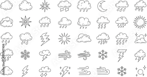 Hand drawn weather doodle icon set with clouds, rain, lightning, wind, snow, sun