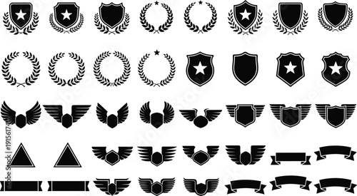 Vintage Shield Crest Frames, Black Heraldic Badge Templates, Elegant Royal Insignia Silhouettes with Ribbon Banners, Vector Logo Design Elements for Branding.