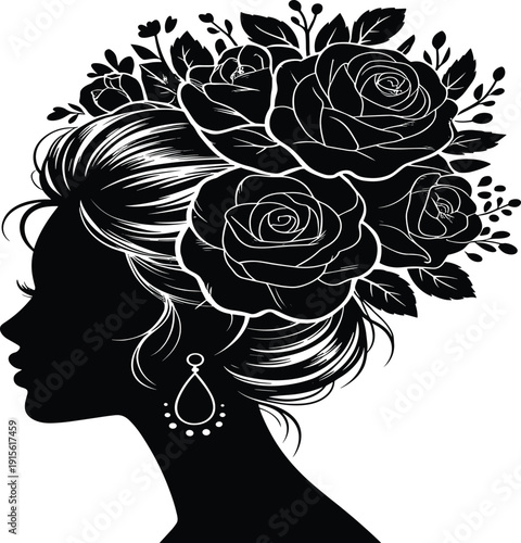 Black and white silhouette of a woman with floral hair and earrings