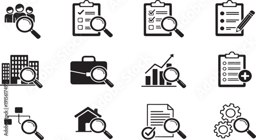  Business investigation and analysis icons with magnifying glasses.